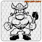 Pegatina de vikingo musculoso con casco y martillo en negro