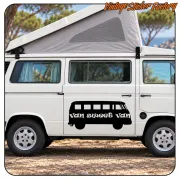 Pegatina negra VAN SWEET VAN con silueta de furgoneta aplicada en camper blanca