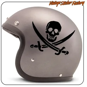 Pegatina negra de calavera con sables cruzados en casco gris