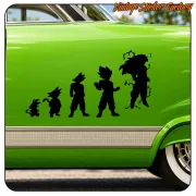 Vinilo negro con siluetas de evolución de Goku en la puerta verde de un coche.
