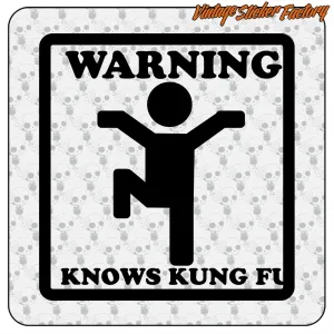 WARNING, HE KNOWS KUNG FU STICKER. BUY VINYL STICKERS.