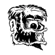 Pegatina de rostro monstruoso en negro con un ojo grande y dientes afilados