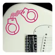 Pink adhesive handcuffs applied to the body of an electric guitar