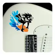 Cartoon character sticker placed on the body of an electric guitar