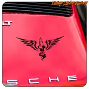Bujía con alas en adhesivo negro aplicada sobre el capó rojo de un coche